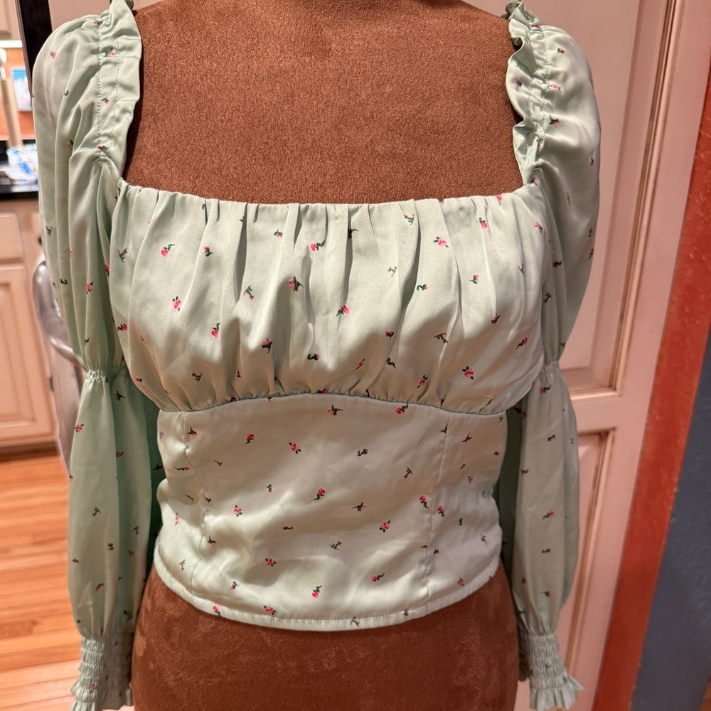 Elegant Mint Green Milkmaid Babydoll Floral Women's Top